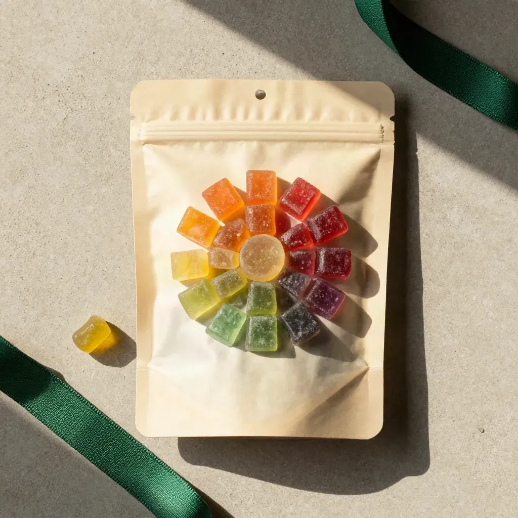 Overhead flat lay of hemp gummies pouch, translucent chews, and linen ribbon on pale concrete.