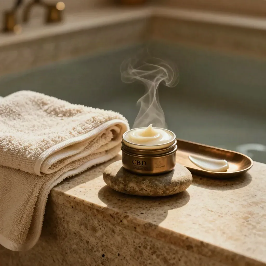 Open CBD balm tin with towel and stone on a travertine ledge in soft steam.