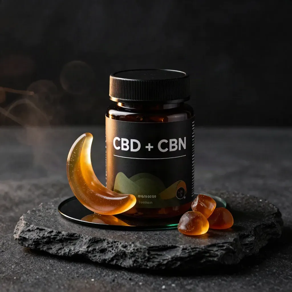 Unbranded night gummies jar with crescent chews on a dark stone plinth in moody rim light.