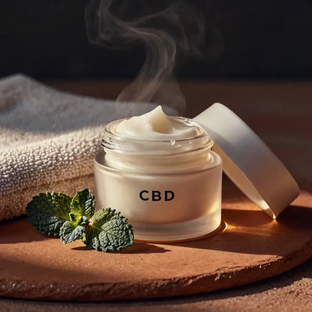Macro cooling CBD cream jar with lifted lid, mint leaf, towel fold, and condensation beads.