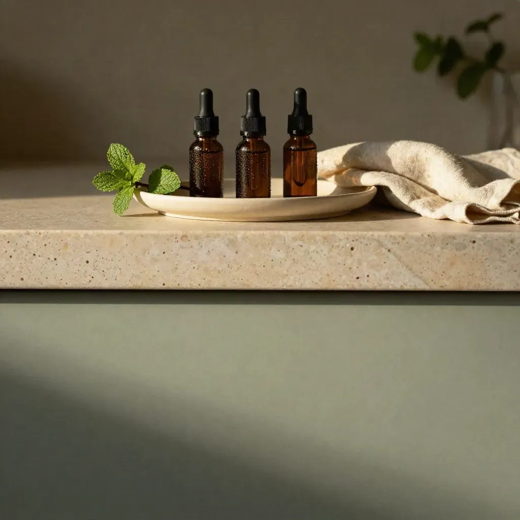Amber CBD oil droppers and mint on a warm limestone ledge with soft morning light