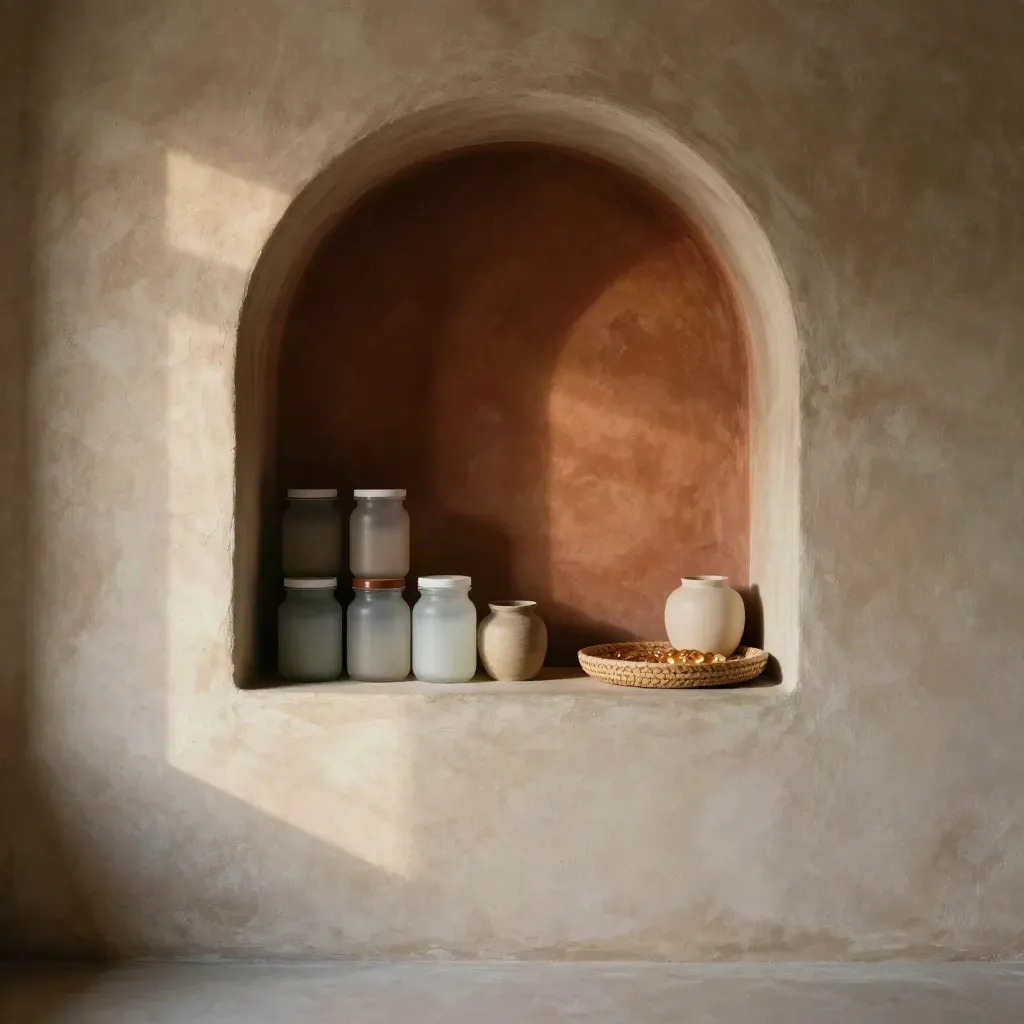 Arched plaster niche with capsule jars, woven tray, and a shaft of corridor light