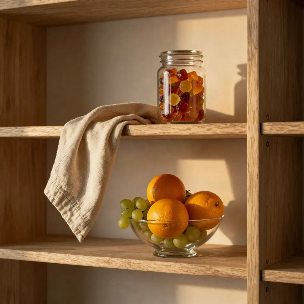 Oak shelf with gummies jar, glass fruit bowl, and linen drape in golden afternoon light.