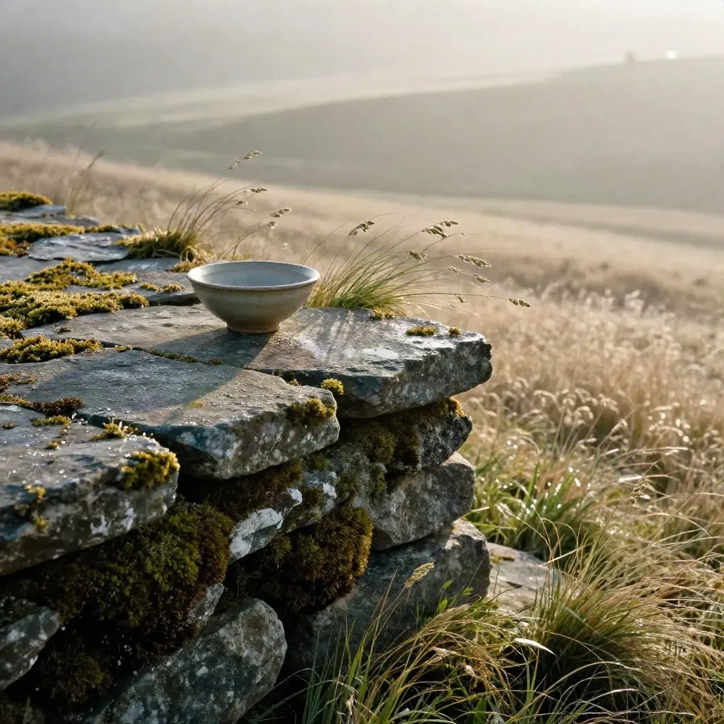 Mossy stone terrace, ceramic bowl and wild grass on a misty hillside
