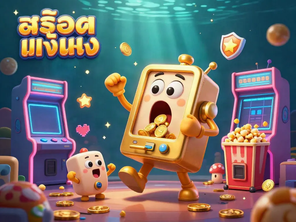 Winning jackpot surrounded by cheering slot machines in a vibrant สล็อตแท้ตรง casino illustration.