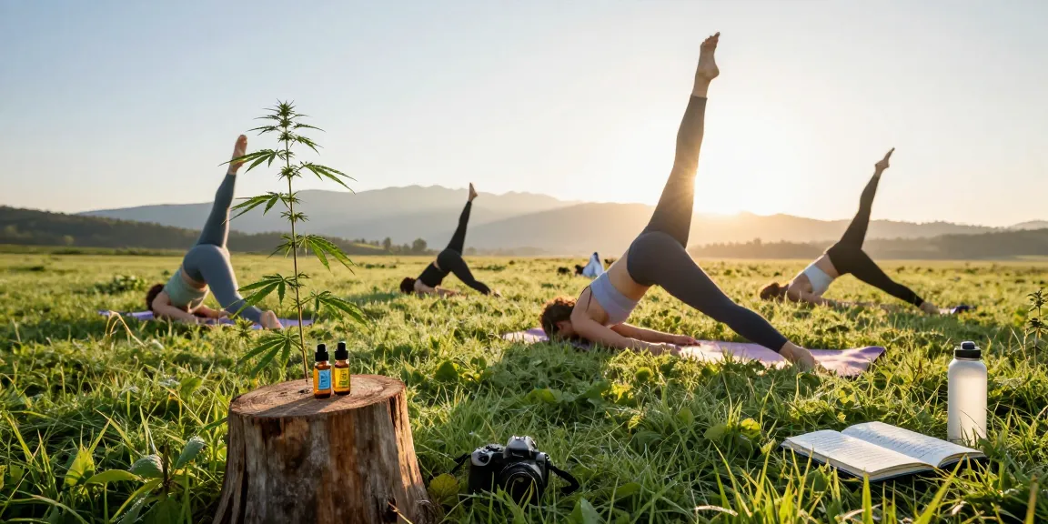 Ministry of Cannabis wellness scene with outdoor yoga, CBD oil, and hemp plant emphasizing natural recovery