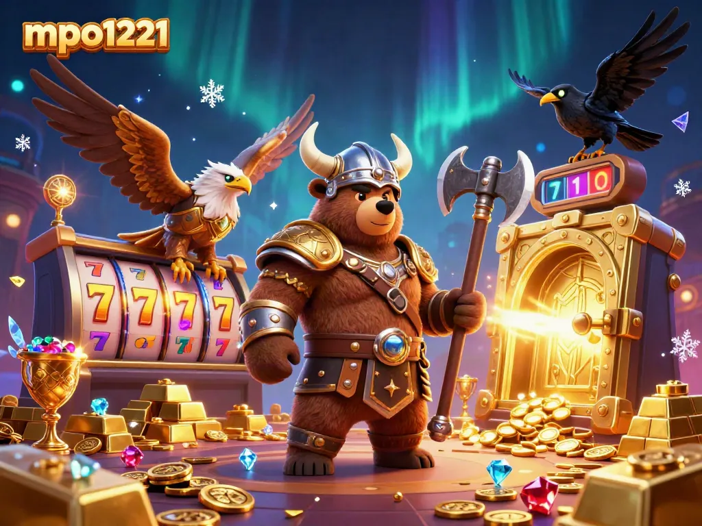 Experience thrilling gameplay with mpo1221 amidst grand casino elements, featuring vibrant characters and jackpots.