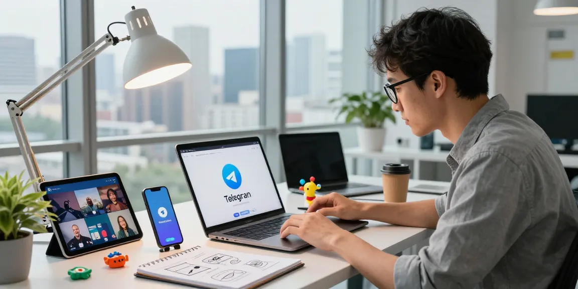 Engaging workspace scene showcasing telegram官网 app on multiple devices, emphasizing productivity and communication.
