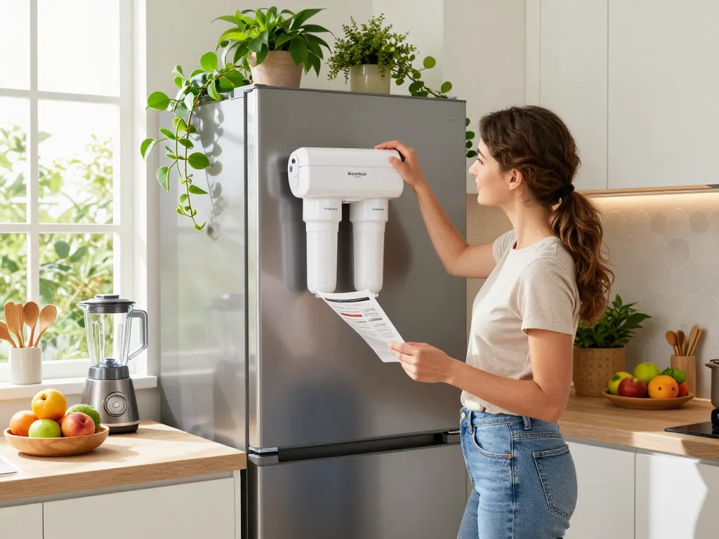 Woman installing Waterdrop 4396508 Replacement for Whirlpool® 4396510 filter in modern kitchen, showcasing clean water importance.