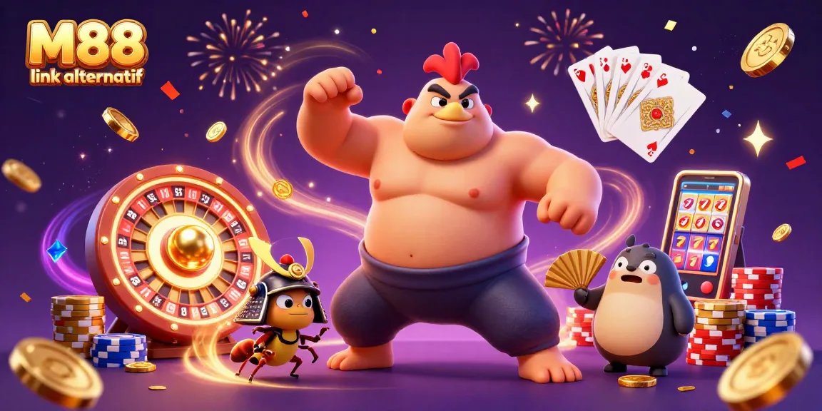 Experience winning with M88 link alternatif as a powerful sumo wrestler rooster and samurai cricket celebrate in a dynamic casino scene.