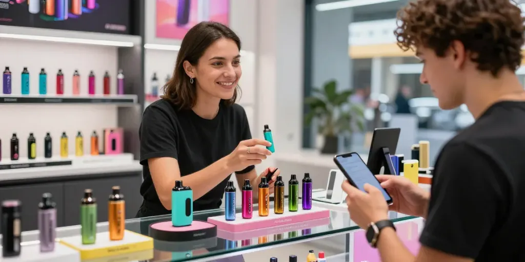 Entdecke den Al Fakher Grape Mint 8000 Vape in einem modernen Vape-Shop, umgeben von bunten Produkten.