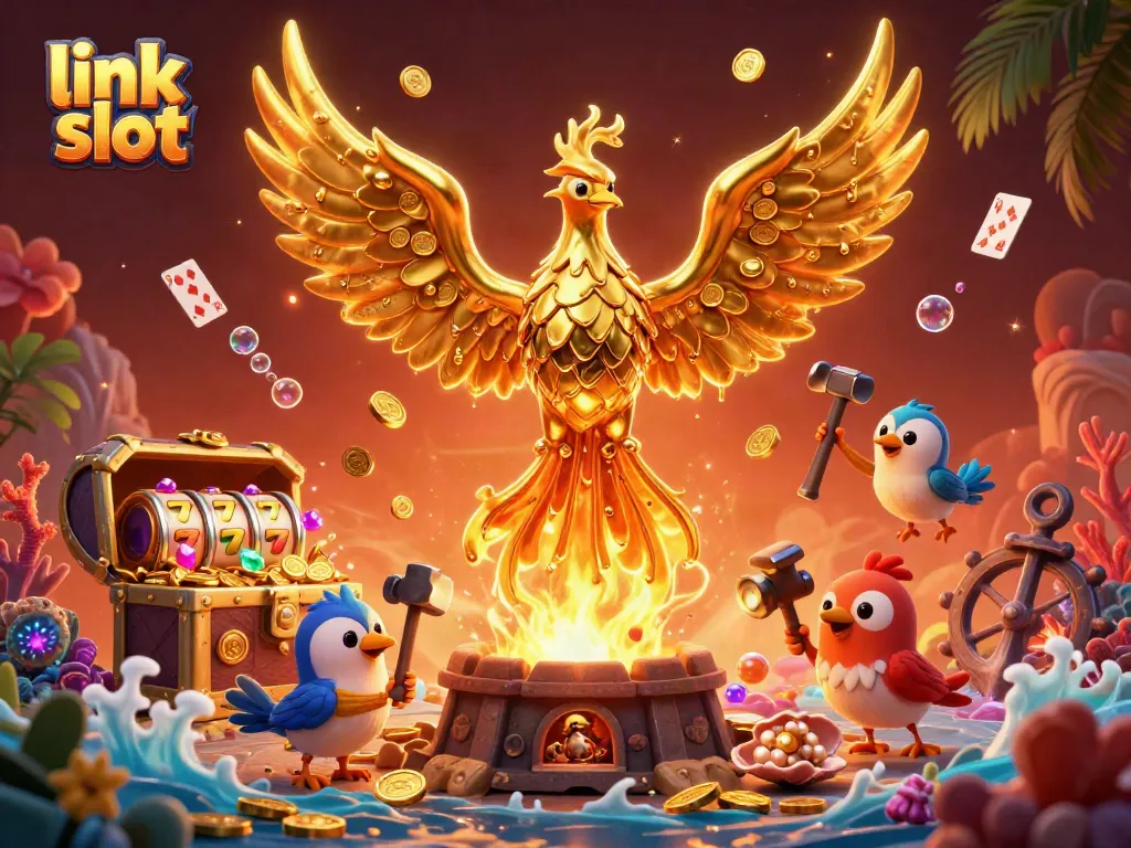 Link slot yang menarik dengan simbol jackpot dan koin emas di dunia kasino.