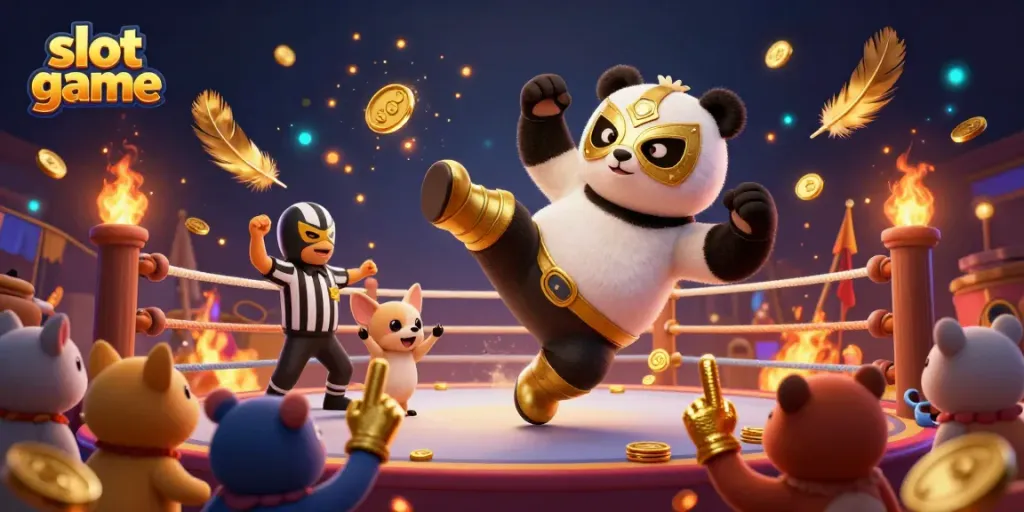 Experience thrilling action in this vibrant slot game scene with a panda and chihuahua amidst cheering animal fans.