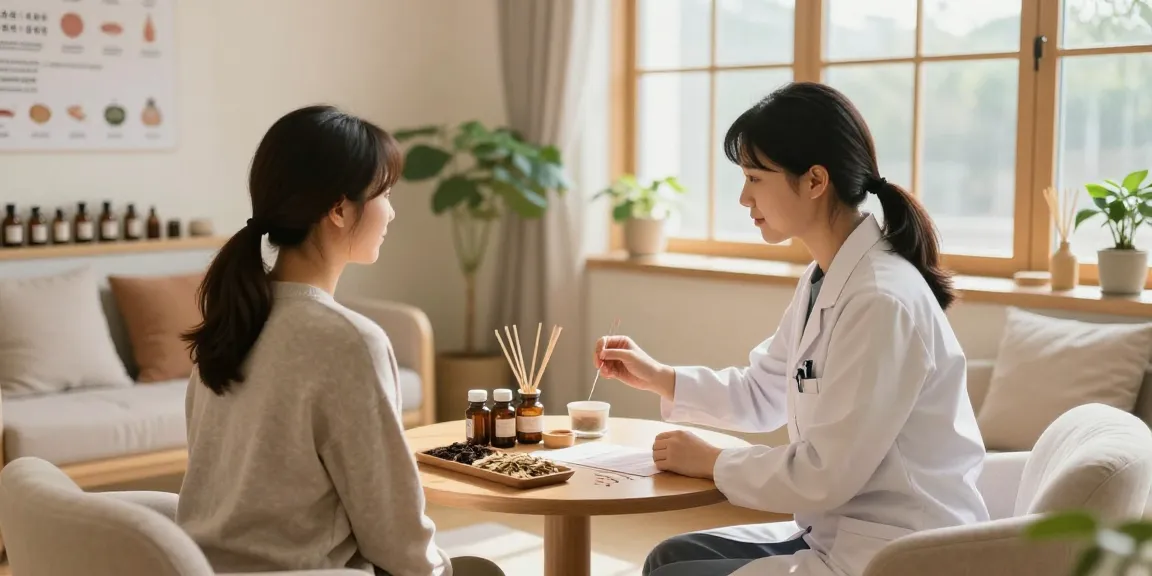 Consultation at 영통한의원 with a practitioner discussing acupuncture treatment in a calming setting