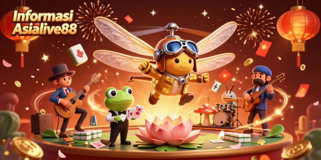 Engaging scene showcasing Informasi Asialive88 with a dragonfly pilot, frog croupier, and jazz-playing crickets in a lively casino
