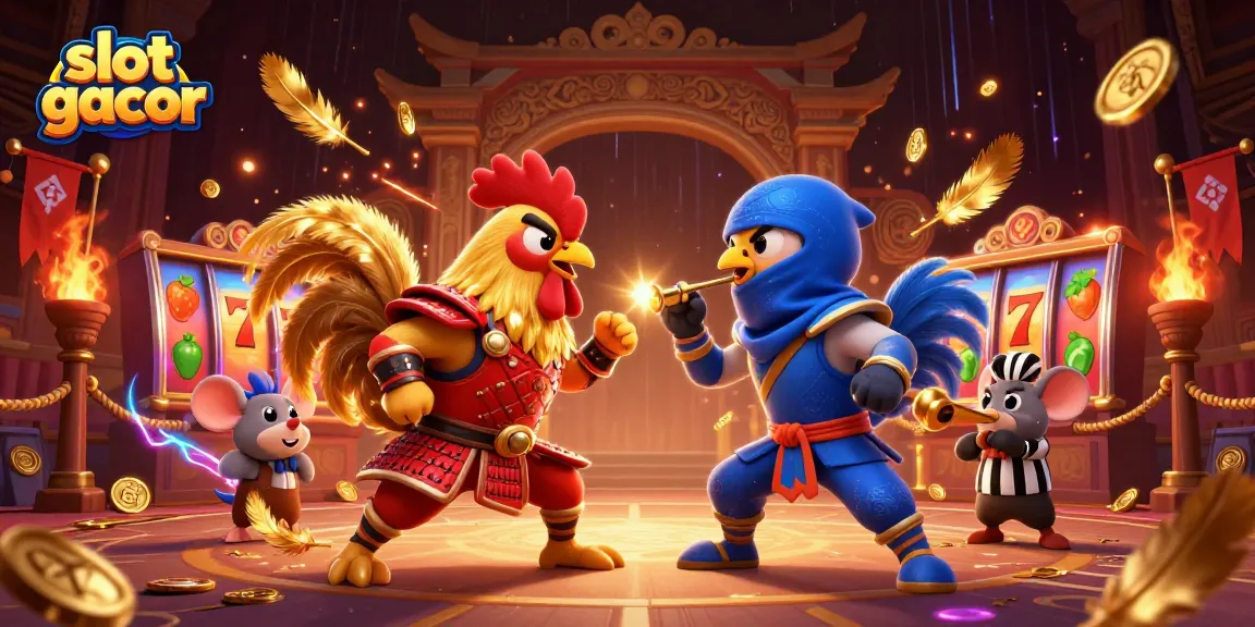 Menangkan slot gacor dengan ilustrasi dramatis dua ayam jantan bertarung di arena perjudian.
