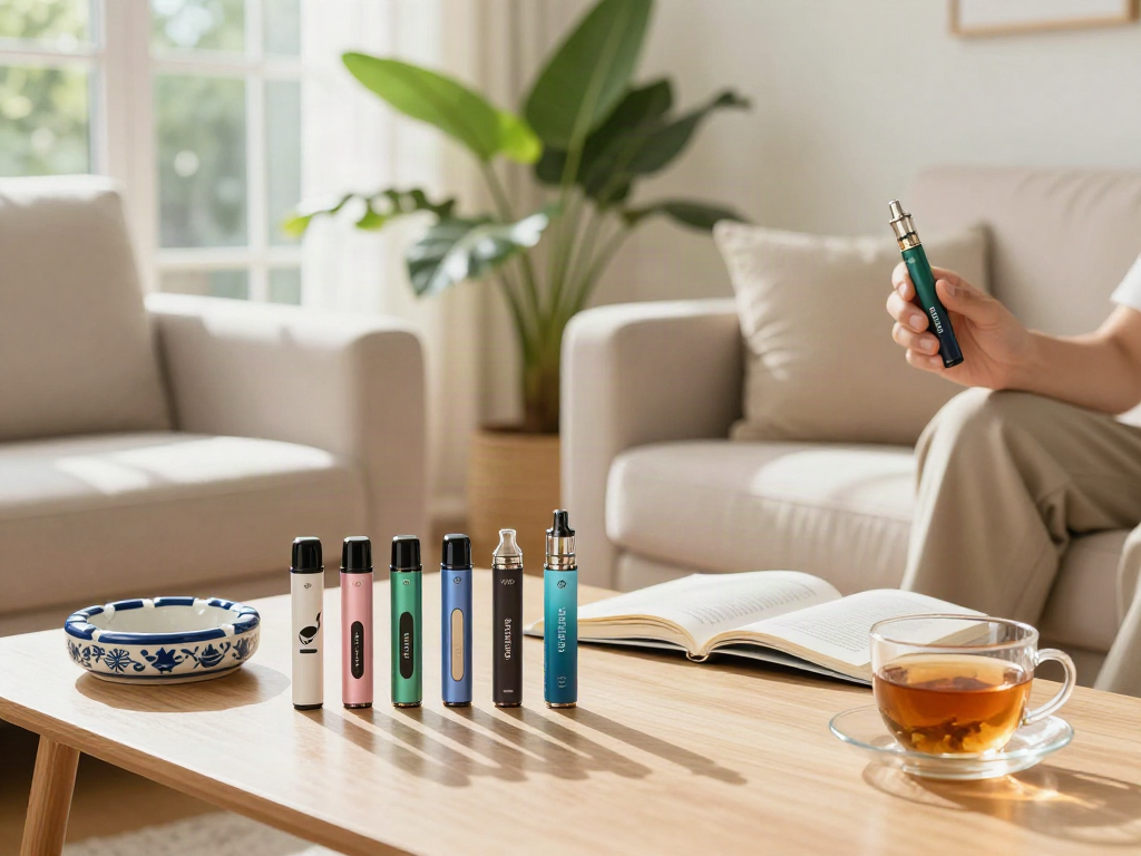 Person using cheap disposable vapes filled with CBD oil in a cozy living room, highlighting natural wellness.