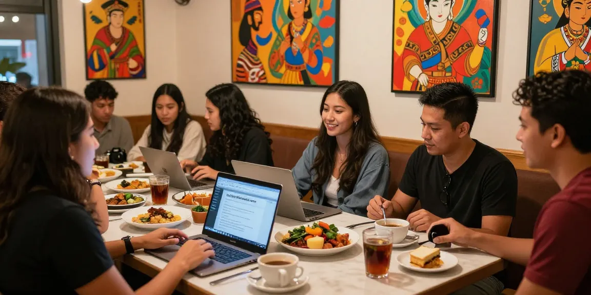 Friends enjoying Asian cuisine and cultural discussions at café, referencing https://hanadultalk.com for content.