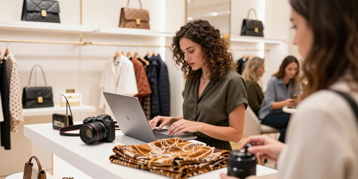 Shoppers exploring high-quality 레플리카 사이트 items in a stylish boutique setting, showcasing fashion detail.