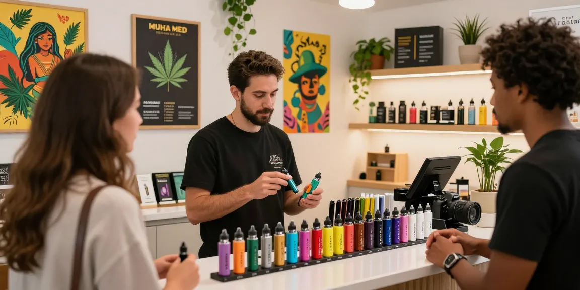 Muha med display at a modern vape shop with colorful cannabis products and a friendly budtender assisting a customer.