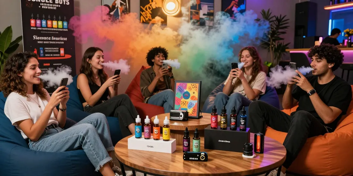 Friends enjoying THC vape Jungle Boys e-liquids in a lively lounge, showcasing flavors and social interaction.