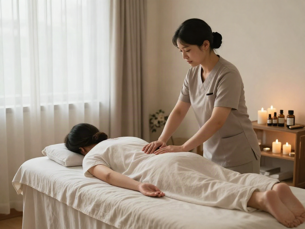Relaxation space for 부평출장마사지 with calming decor and therapist preparing for a session.