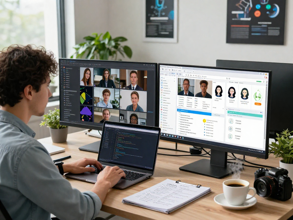 Detect AI image in a modern office with a data scientist analyzing flagged user content on dual monitors.