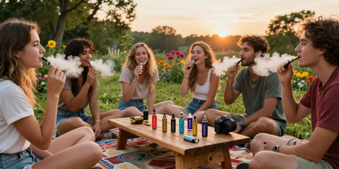Friends enjoying thc vape during outdoor gathering with vibrant nature.