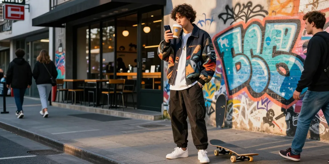 Urban fashion scene featuring stylish individual in 레플리카 outfit, confidently posing in trendy city street.