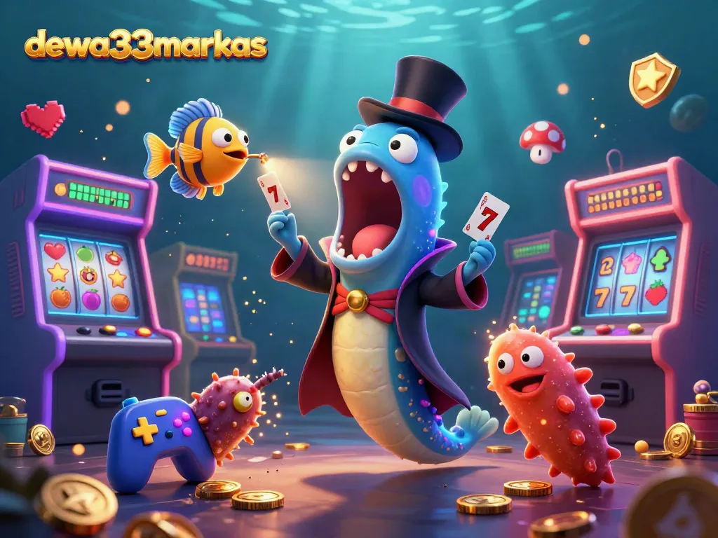 Engage with dewa33markas as a bioluminescent eel performs card tricks in a vibrant, underwater casino setting.