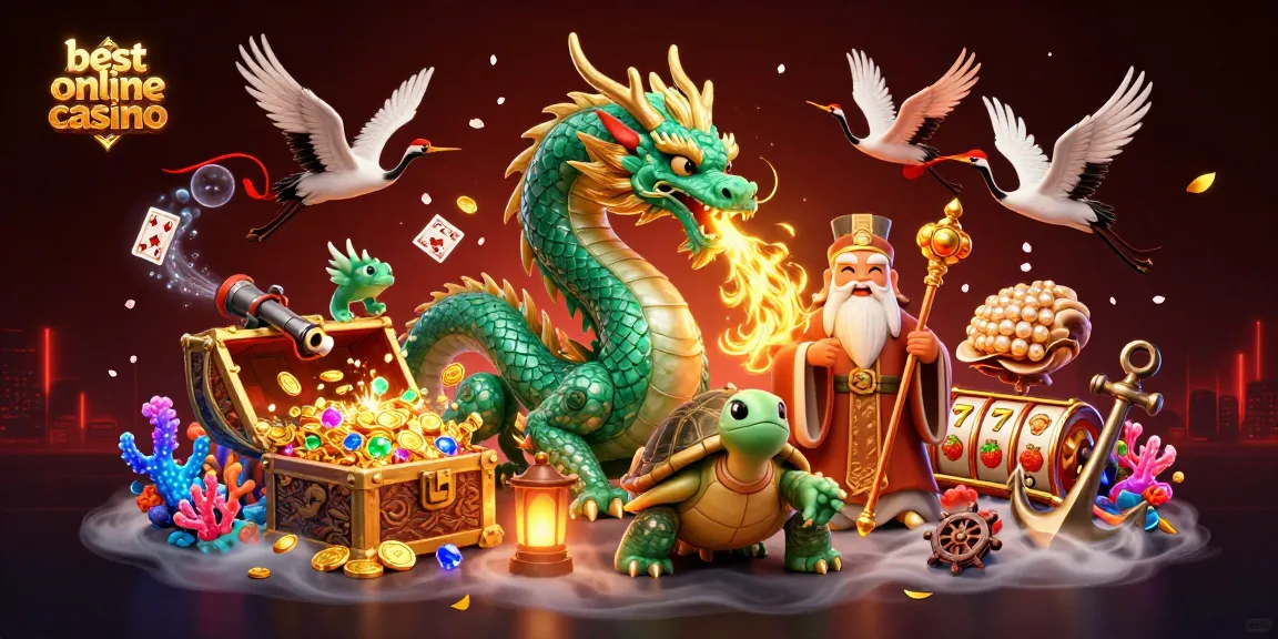 Experience the best online casino with a vibrant 3D fantasy scene featuring a jade dragon and lucky symbols.