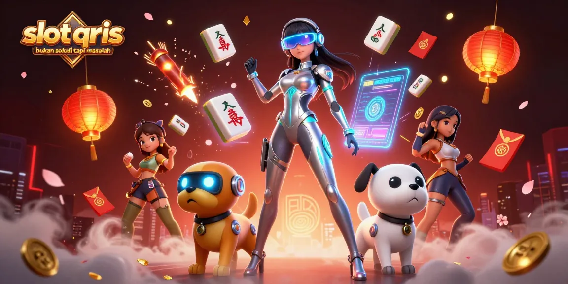 "Slot qris bukan solusi tapi masalah" - Interactive illustration featuring a futuristic character and dynamic floating casino elements.