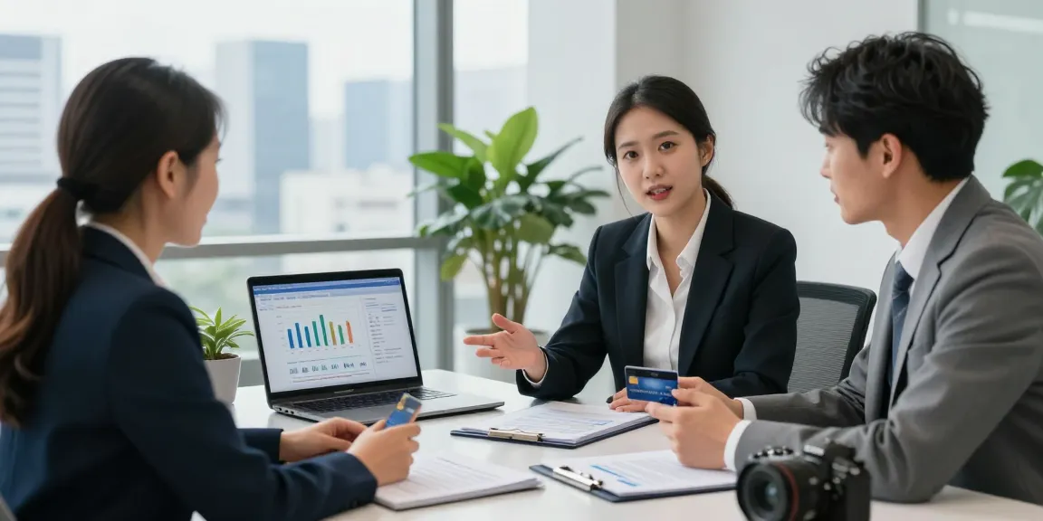 Client consulting on 신용카드현금화 options with a financial expert in modern office.