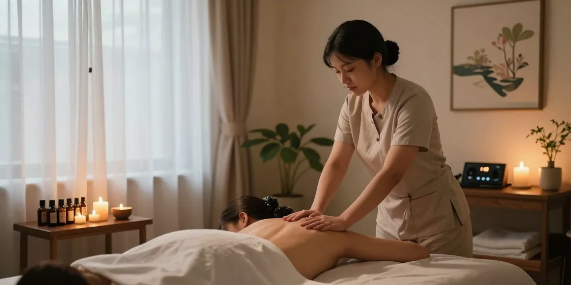 Relaxing 창원마사지 therapy session in a serene studio with calming decor and soft lighting.