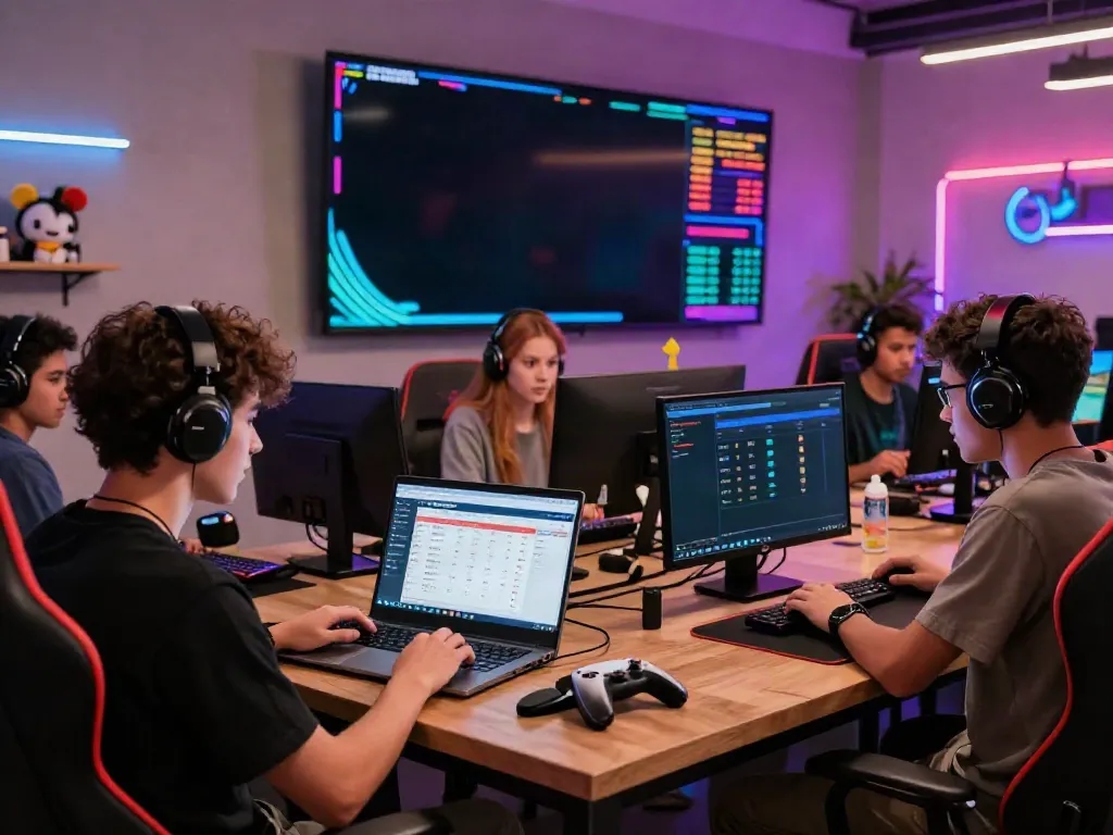 Totobet dalam suasana gaming interaktif dengan berbagai pemain muda di lounge modern.