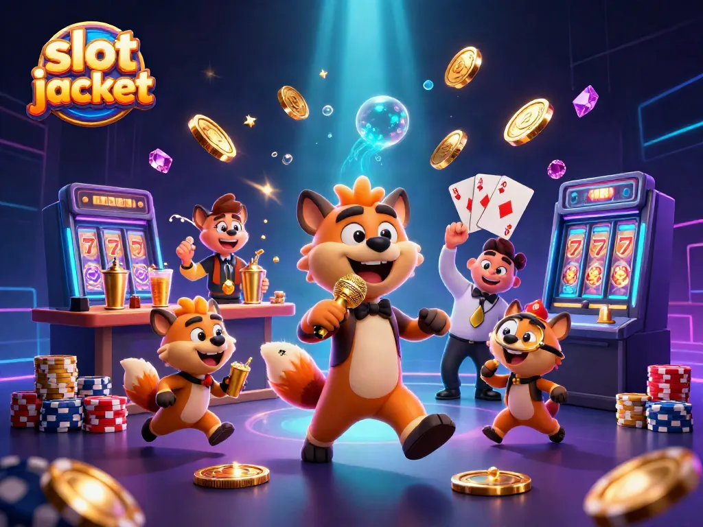 Mendapatkan slot jackpot di kasino komedi dengan hyena yang memberikan pertunjukan, dikelilingi koin emas dan permainan kasino.