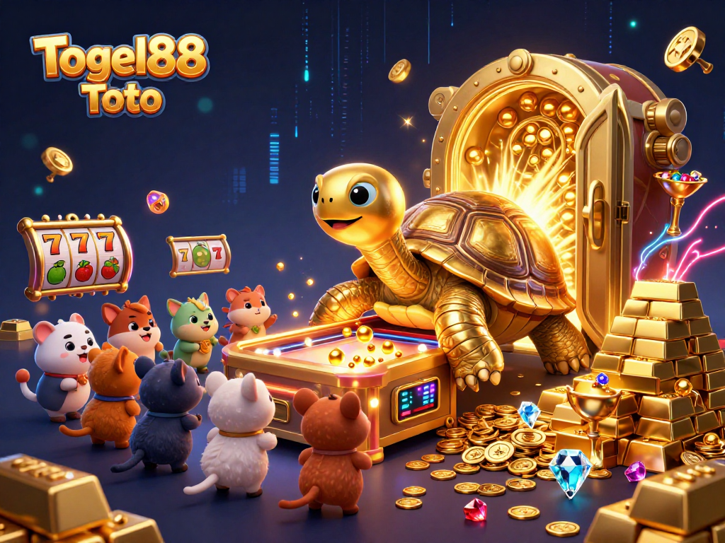 Engage with Togel88 Toto’s thrilling gaming experience featuring a giant tortoise pinball machine amidst a treasure-filled scene.