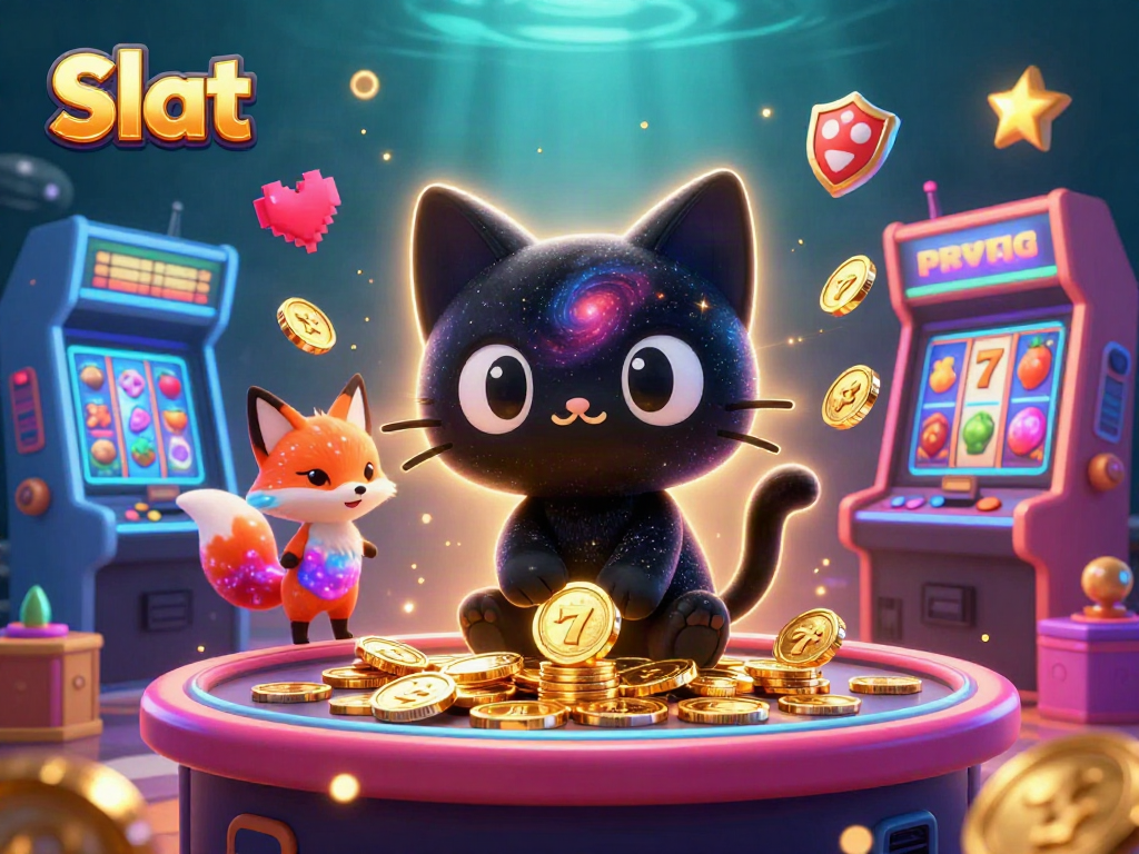 Engaging slot scene with a black hole cat and nebula fox amidst vibrant arcade game elements