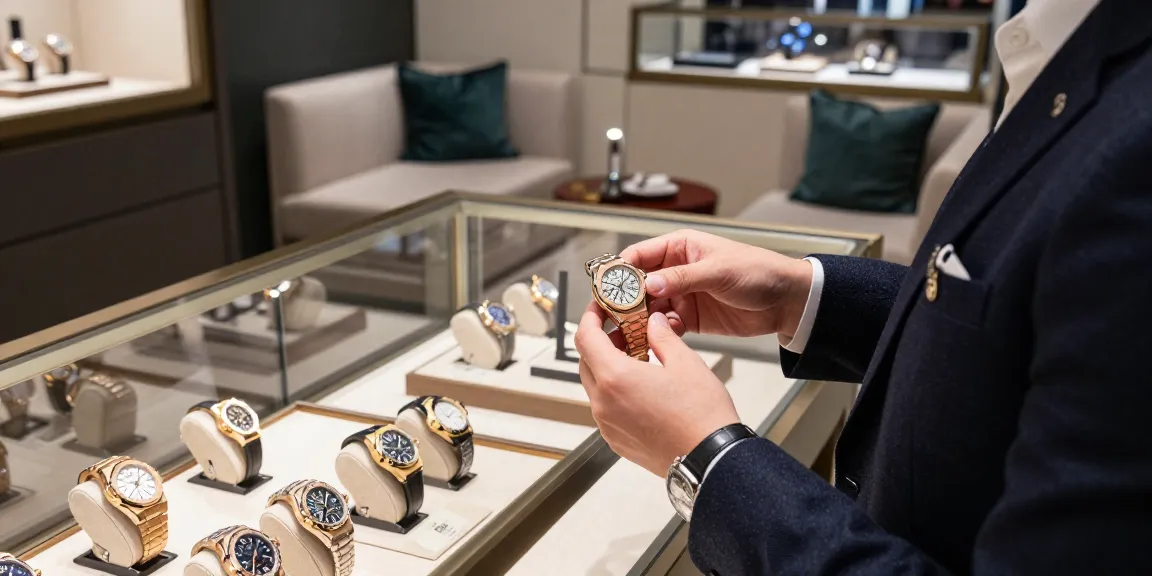 Examine a luxurious replica watch collection featuring top brands like Audemars Piguet and Rolex in an elegant showroom.