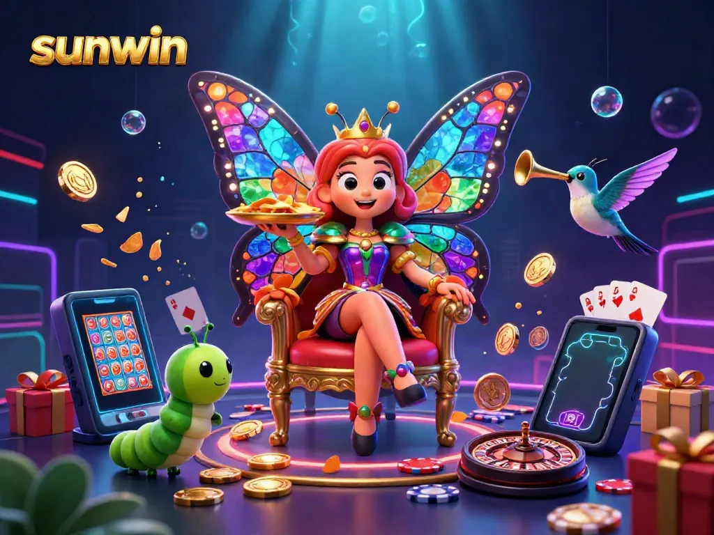 Experience the vibrant world of sunwin with a 3D butterfly queen surrounded by casino elements like slots and roulette.