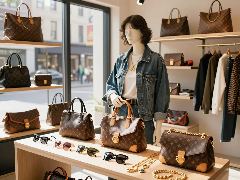 Trendy boutique showcasing high-quality 레플리카 fashion items with stylish model.