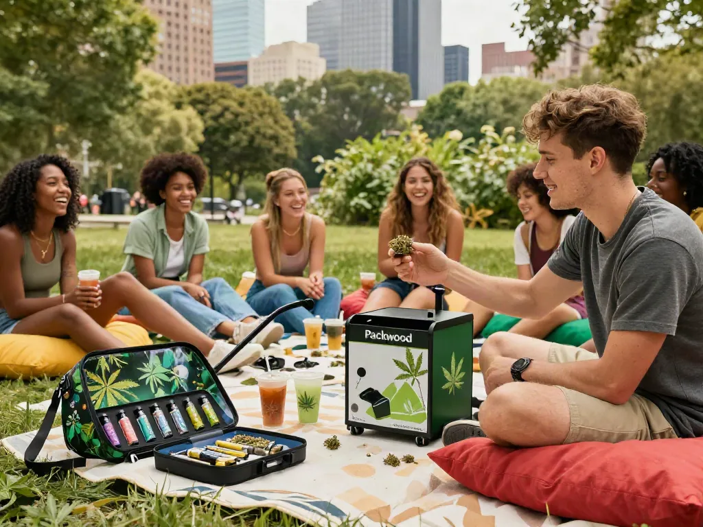 Friends enjoying Packwood carts in a vibrant urban park setting