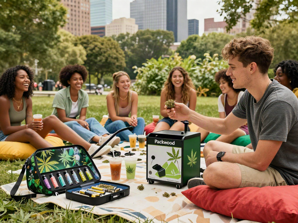Friends enjoying Packwood carts in a vibrant urban park setting