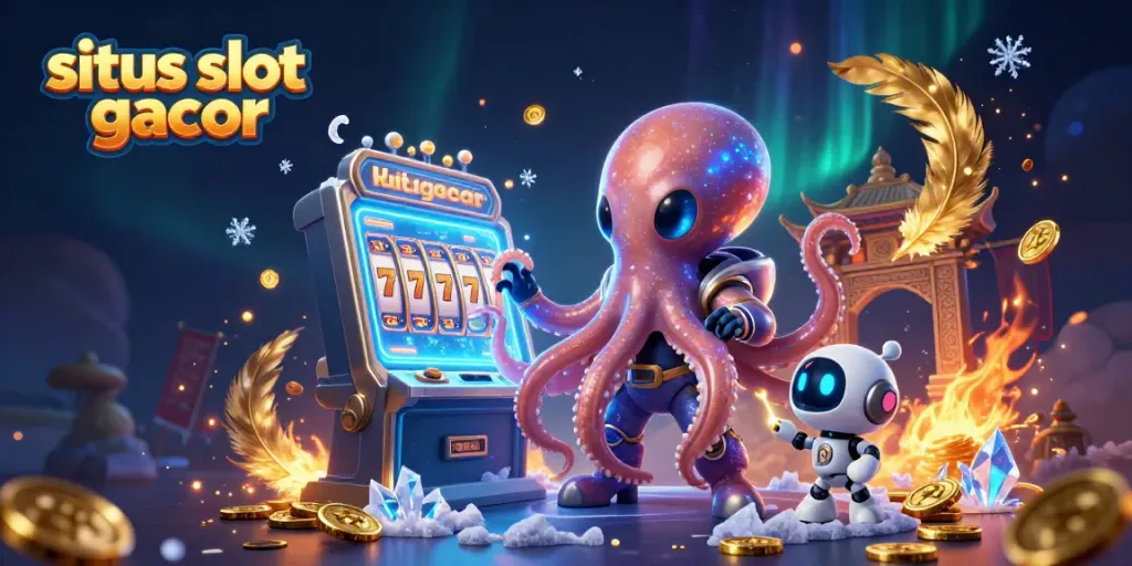 Gambarkan aksi situs slot gacor dengan cumi-cumi alien dan robot, bermain mesin slot di latar belakang yang magis.