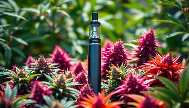 Showcase of Cannabis Vape with detailed vape pen and colorful cannabis buds.