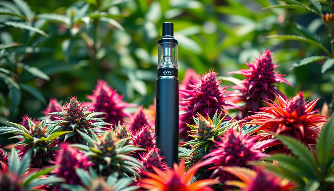 Showcase of Cannabis Vape with detailed vape pen and colorful cannabis buds.