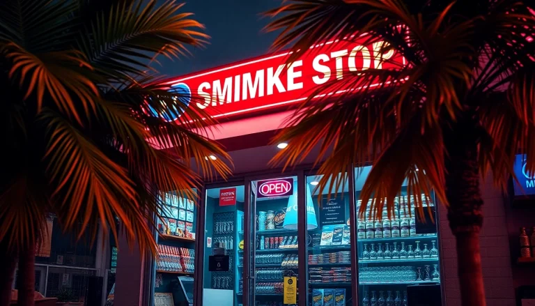 Welcoming exterior of a 24 Hour Smoke Shop near me Miami illuminated at night in vibrant colors.