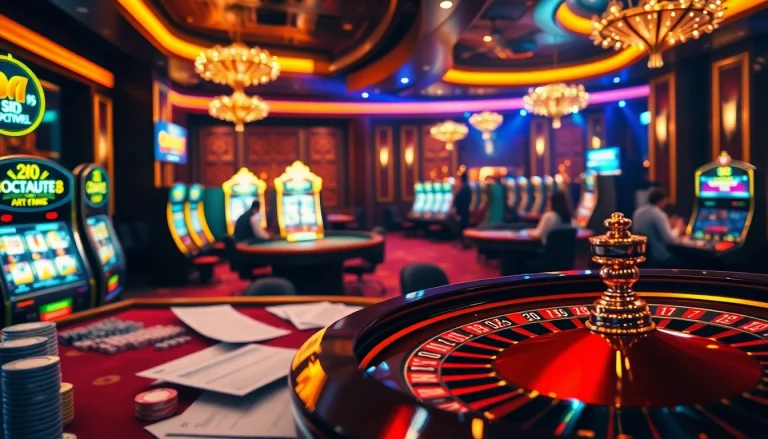 Experience thrilling action at a 7m online casino with vibrant tables and glowing slot machines.