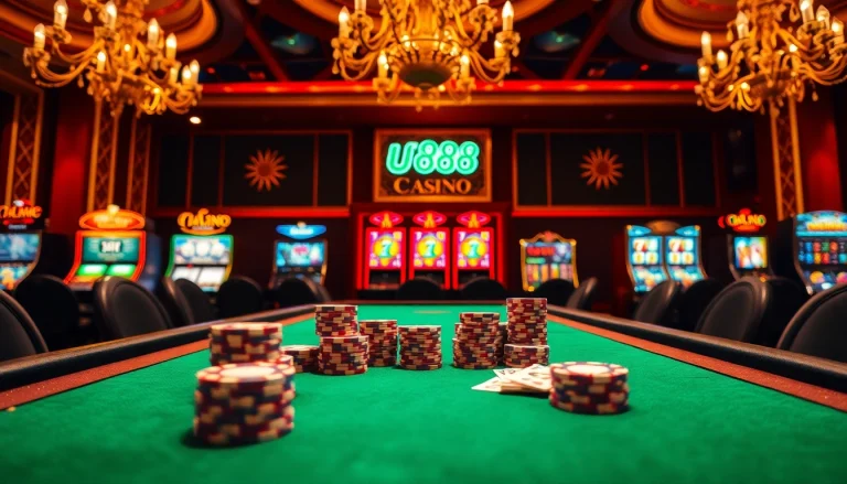 Experience the excitement of u888 love with vibrant poker chips and cards at a luxurious casino table.