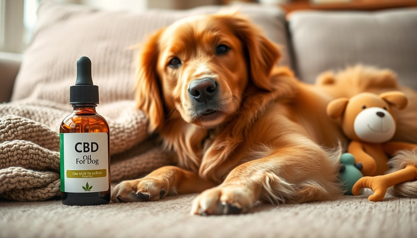 Dog relaxing with CBD Oil For Dog product, showcasing calmness and wellness.